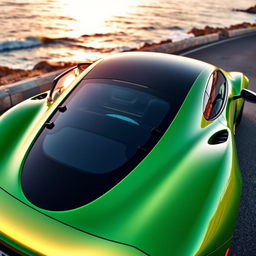 A sleek green sports car with a black rear spoiler, showcasing a modern design with smooth curves and sharp angles