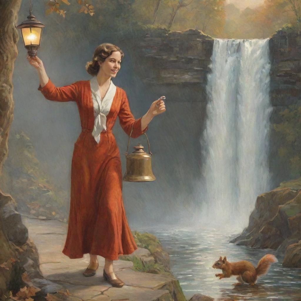 An artistic, lively depiction of a woman with a handbag ringing a bell beside a waterfall, with a squirrel nearby and a lamp close by