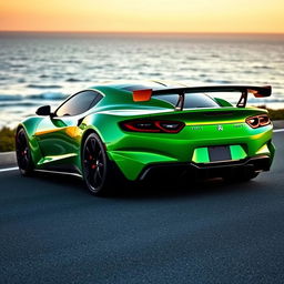 A sleek green sports car with a black rear spoiler, showcasing a modern design with smooth curves and sharp angles