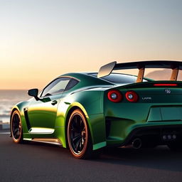 A sleek green sports car with a black rear spoiler, showcasing a modern design with smooth curves and sharp angles