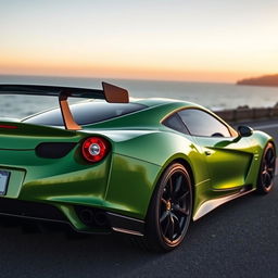 A sleek green sports car with a black rear spoiler, showcasing a modern design with smooth curves and sharp angles