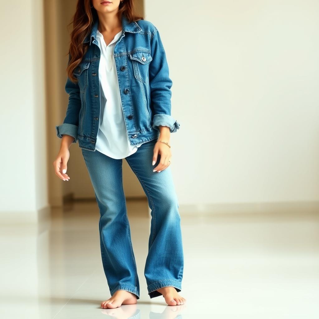 A stylish brunette woman wearing a denim jacket over a white shirt and flared blue jeans, standing barefoot on a clean floor