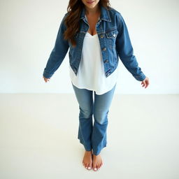 A stylish brunette woman wearing a denim jacket over a white shirt and flared blue jeans, standing barefoot on a clean floor