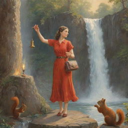 An artistic, lively depiction of a woman with a handbag ringing a bell beside a waterfall, with a squirrel nearby and a lamp close by