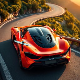 A striking orange and red sports car with a sleek black rear spoiler, positioned on a winding mountain road