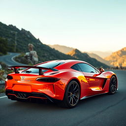 A striking orange and red sports car with a sleek black rear spoiler, positioned on a winding mountain road