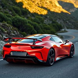 A striking orange and red sports car with a sleek black rear spoiler, positioned on a winding mountain road