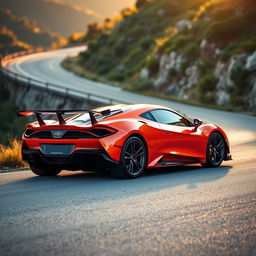 A striking orange and red sports car with a sleek black rear spoiler, positioned on a winding mountain road