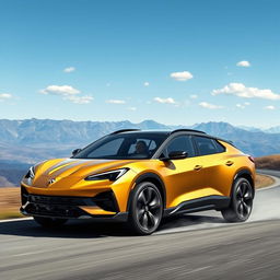 An innovative fusion of a 2022 Corvette C8 and Citroen C4, crafted as a 4-door compact utility vehicle (CUV) with a sleek matte gold finish