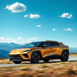 An innovative fusion of a 2022 Corvette C8 and Citroen C4, crafted as a 4-door compact utility vehicle (CUV) with a sleek matte gold finish