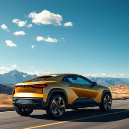 An innovative fusion of a 2022 Corvette C8 and Citroen C4, crafted as a 4-door compact utility vehicle (CUV) with a sleek matte gold finish