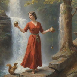 An artistic, lively depiction of a woman with a handbag ringing a bell beside a waterfall, with a squirrel nearby and a lamp close by