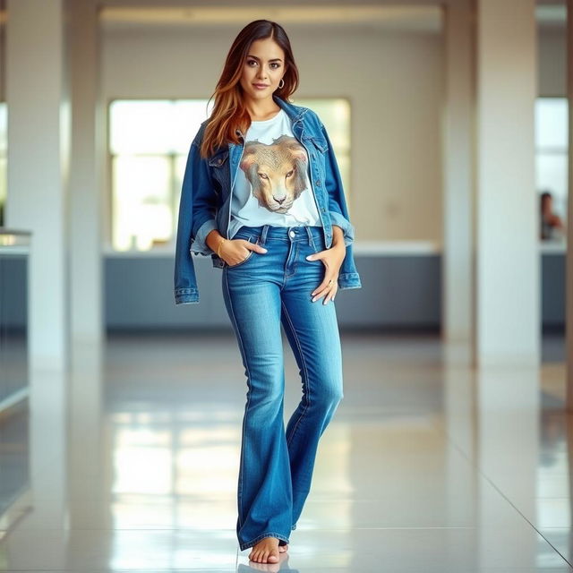 A stylish brunette woman wearing a denim jacket over a fashionable shirt and flared blue jeans, standing barefoot on a clean floor