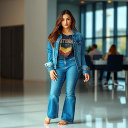 A stylish brunette woman wearing a denim jacket over a fashionable shirt and flared blue jeans, standing barefoot on a clean floor