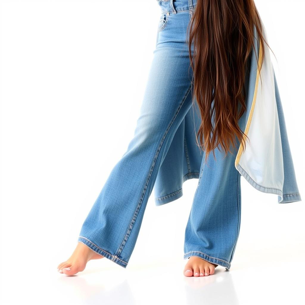 A stylish brunette woman wearing a denim jacket and flared blue jeans, standing barefoot on a clean floor