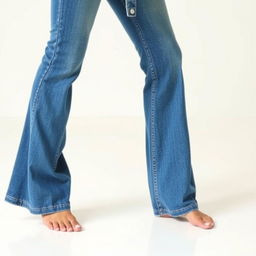 A stylish brunette woman wearing a denim jacket and flared blue jeans, standing barefoot on a clean floor