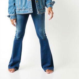 A stylish brunette woman wearing a denim jacket and flared blue jeans, standing barefoot on a clean floor