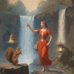 An artistic, lively depiction of a woman with a handbag ringing a bell beside a waterfall, with a squirrel nearby and a lamp close by