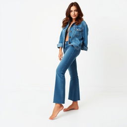 A stylish brunette woman wearing a denim jacket and flared blue jeans, standing barefoot on a clean floor