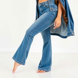 A stylish brunette woman wearing a denim jacket and flared blue jeans, standing barefoot on a clean floor