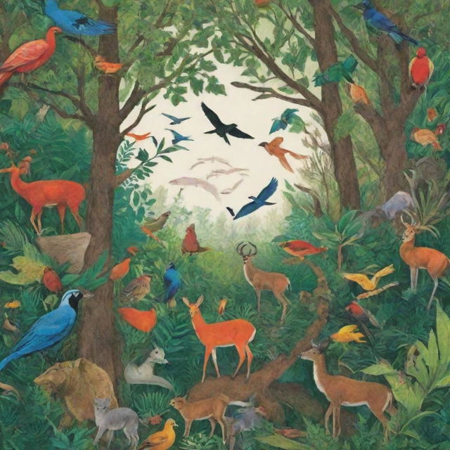 Create a vibrant, eye-catching poster showcasing a diverse ecosystem bustling with various plant and animal species, interwoven with graphics symbolizing protection and conservation, accompanied by a bold tagline advocating biodiversity conservation.