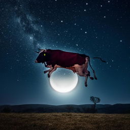 A playful cow gracefully leaping over a radiant full moon against the backdrop of a dark, star-sprinkled sky.