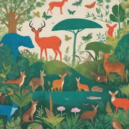 Create a vibrant, eye-catching poster showcasing a diverse ecosystem bustling with various plant and animal species, interwoven with graphics symbolizing protection and conservation, accompanied by a bold tagline advocating biodiversity conservation.