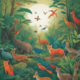 Create a vibrant, eye-catching poster showcasing a diverse ecosystem bustling with various plant and animal species, interwoven with graphics symbolizing protection and conservation, accompanied by a bold tagline advocating biodiversity conservation.