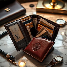 An elegant and luxurious wallet belonging to a millionaire, displayed open to showcase its opulent design and contents