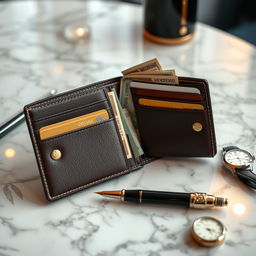 An elegant and luxurious wallet belonging to a millionaire, displayed open to showcase its opulent design and contents