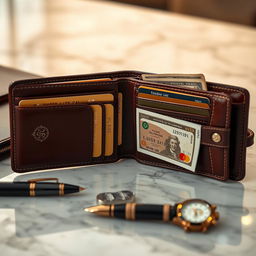 An elegant and luxurious wallet belonging to a millionaire, displayed open to showcase its opulent design and contents