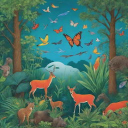 Create a vibrant, eye-catching poster showcasing a diverse ecosystem bustling with various plant and animal species, interwoven with graphics symbolizing protection and conservation, accompanied by a bold tagline advocating biodiversity conservation.