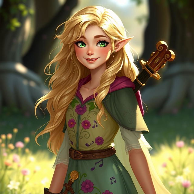 A vibrant and joyful half-elf bard named Adzira, standing at about 5'7" with long, wavy hair shimmering in shades of light blonde and soft gold