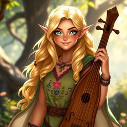 A vibrant and joyful half-elf bard named Adzira, standing at about 5'7" with long, wavy hair shimmering in shades of light blonde and soft gold