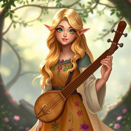 A vibrant and joyful half-elf bard named Adzira, standing at about 5'7" with long, wavy hair shimmering in shades of light blonde and soft gold