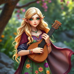 A vibrant and enchanting half-elf bard named Adzira, standing at about 5'7" with long, wavy hair that shimmers in light blonde and soft gold, framing her delicate face