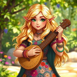 A vibrant and enchanting half-elf bard named Adzira, standing at about 5'7" with long, wavy hair that shimmers in light blonde and soft gold, framing her delicate face