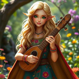 A vibrant and enchanting half-elf bard named Adzira, standing at about 5'7" with long, wavy hair that shimmers in light blonde and soft gold, framing her delicate face