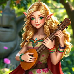 A vibrant and enchanting half-elf bard named Adzira, standing at about 5'7" with long, wavy hair that shimmers in light blonde and soft gold, framing her delicate face