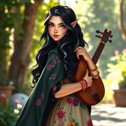 A captivating half-elf bard named Adzira, standing at about 5'7" with long, wavy hair that is striking black, adorned with subtle silver-white highlights cascading gracefully around her face