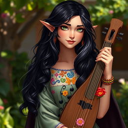 A captivating half-elf bard named Adzira, standing at about 5'7" with long, wavy hair that is striking black, adorned with subtle silver-white highlights cascading gracefully around her face