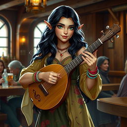 In a warm and inviting tavern setting, a captivating half-elf bard named Adzira stands at about 5'7" tall, mesmerizing her audience