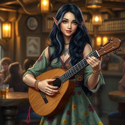 In a warm and inviting tavern setting, a captivating half-elf bard named Adzira stands at about 5'7" tall, mesmerizing her audience