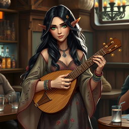 In a warm and inviting tavern setting, a captivating half-elf bard named Adzira stands at about 5'7" tall, mesmerizing her audience