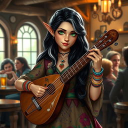 In a warm and inviting tavern setting, a captivating half-elf bard named Adzira stands at about 5'7" tall, mesmerizing her audience