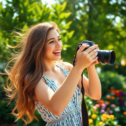 A young woman enthusiastically photographing someone with her camera, surrounded by a vibrant outdoor setting