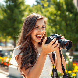 A young woman enthusiastically photographing someone with her camera, surrounded by a vibrant outdoor setting