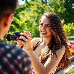 A young woman enthusiastically photographing someone with her camera, surrounded by a vibrant outdoor setting