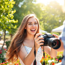 A young woman enthusiastically photographing someone with her camera, surrounded by a vibrant outdoor setting