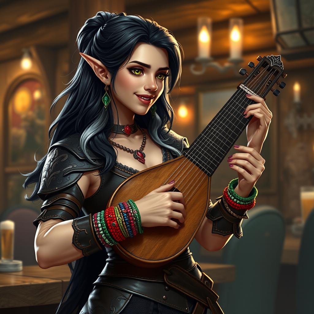 In a warm and inviting tavern setting, a captivating half-elf bard named Adzira stands at about 5'7" tall, mesmerizing her audience